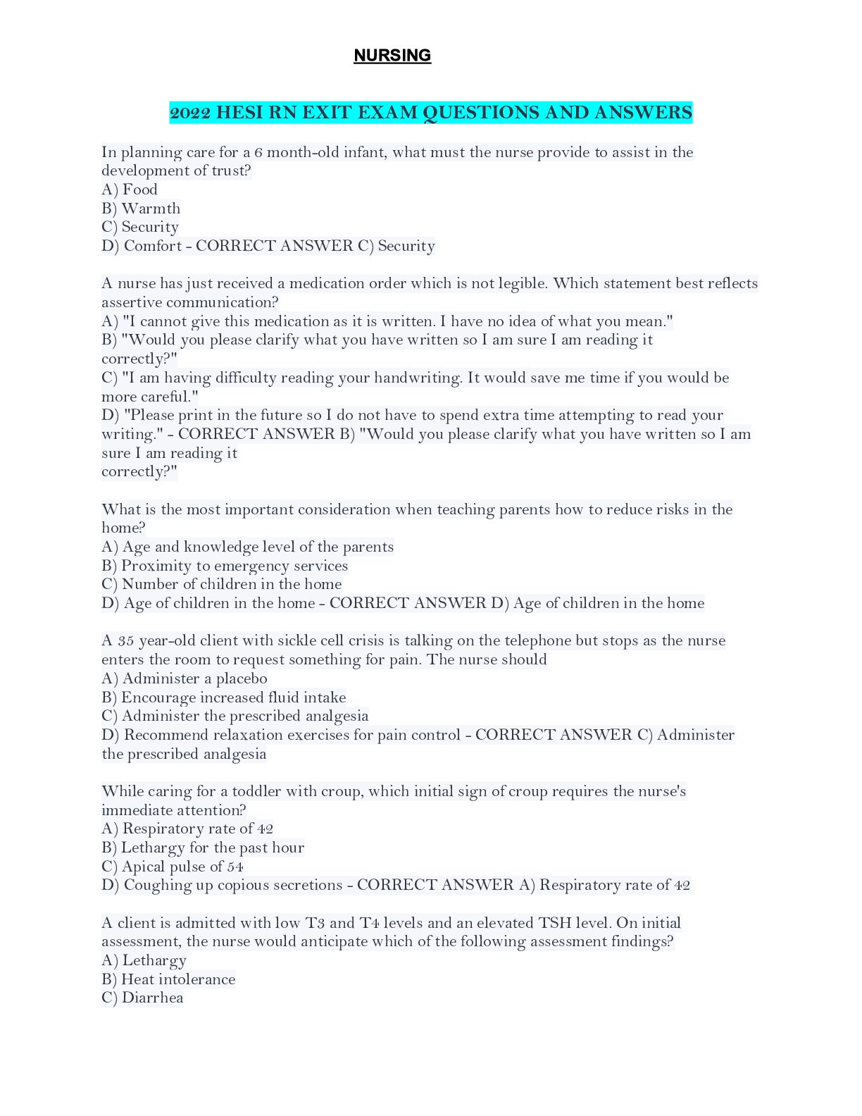 Preview of 2022 HESI RN EXIT EXAM QUESTIONS AND ANSWERS